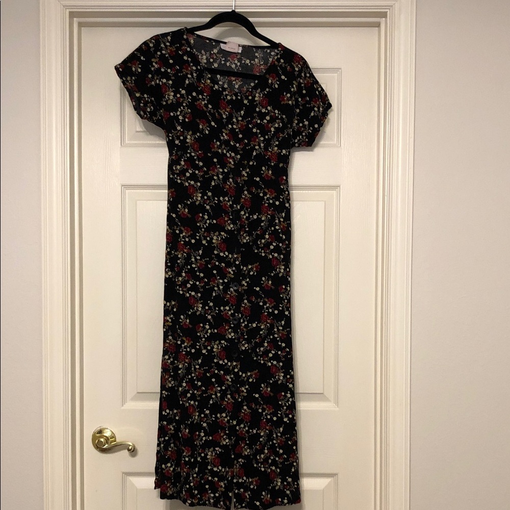 Susan Burrowes Black Maxi Dress with Red Floral Accent Made In USA